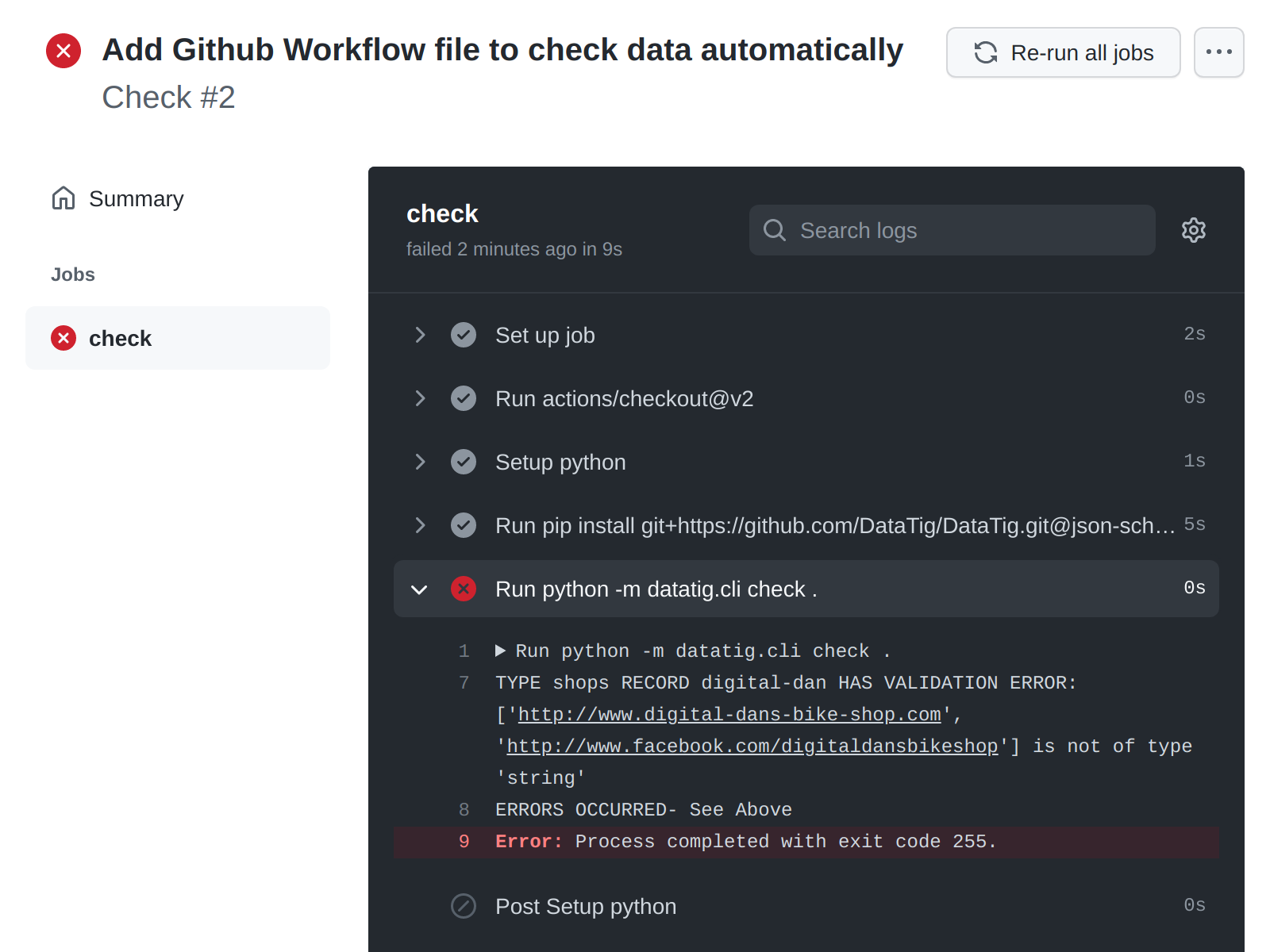 Screenshot of GitHub actions with details of a broken run