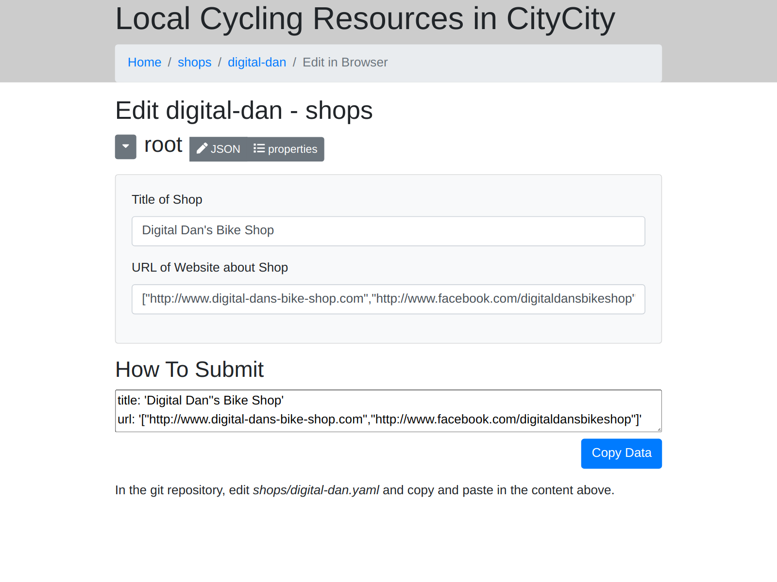 Screenshot of editing a bike shop