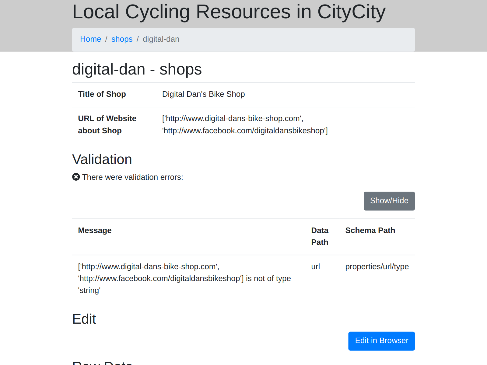 Screenshot of details of a bike shop