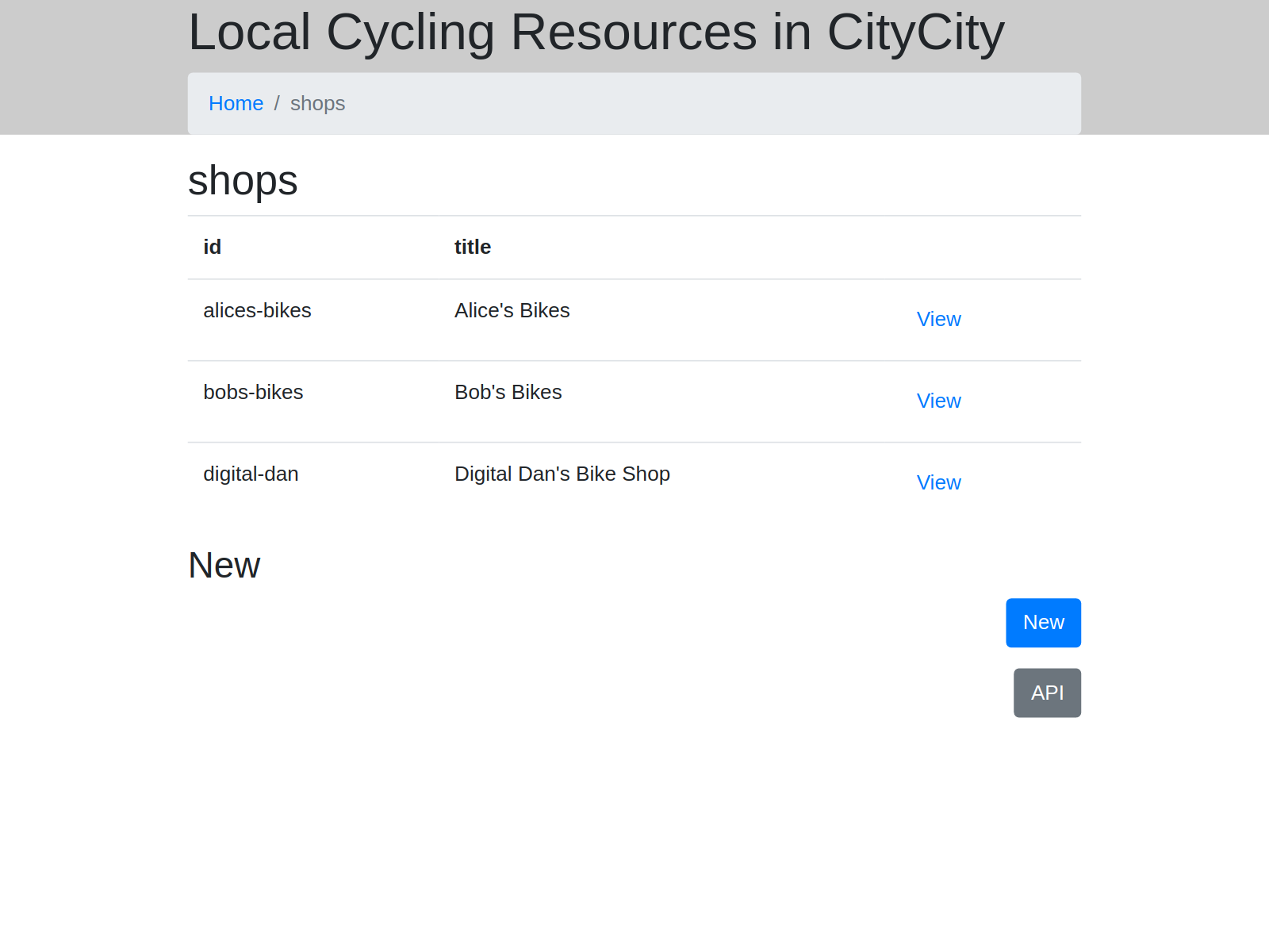 Screenshot of a list of bike shops
