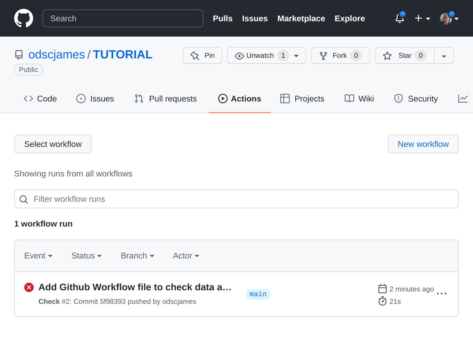 Screenshot of GitHub actions with a broken run