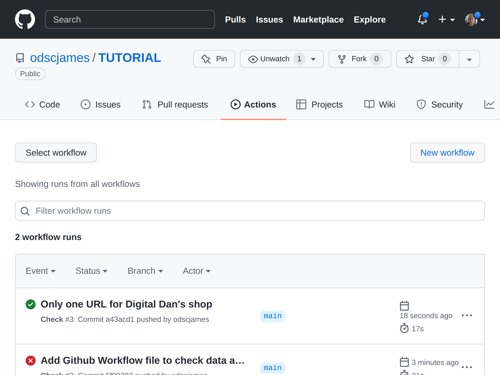 Screenshot of GitHub actions with a fixed run